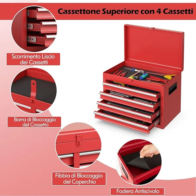 Cassettiera Portautensili a 4 Cassetti, Carrello per Attrezzi con Ruote Bloccabili Ripiano Regolabile e Rivestimento Antiscivolo, 59 x 28 x 102 cm (Rosso)