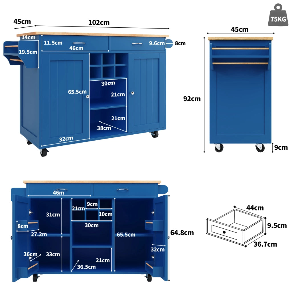 Carrello da Cucina con Ripiani Regolabili; Portabottiglie e Ruote con Freno; in MDF e Metallo; Blu; 102x45x92 cm