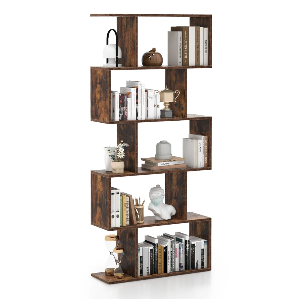 Scaffale a 5 ripiani con dispositivo antiribaltamento-Libreria geometrica a forma di S Marrone