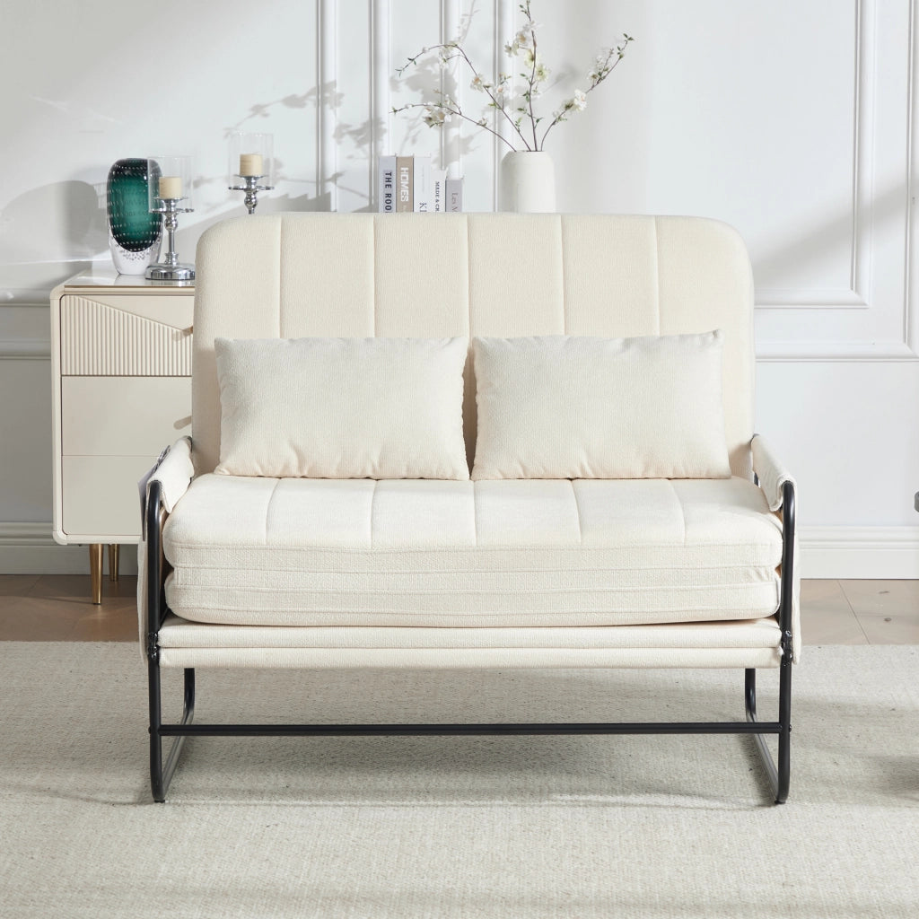 Divano letto 2 posti trasformabile 104x85x92 cm in chenille beige con struttura in metallo
