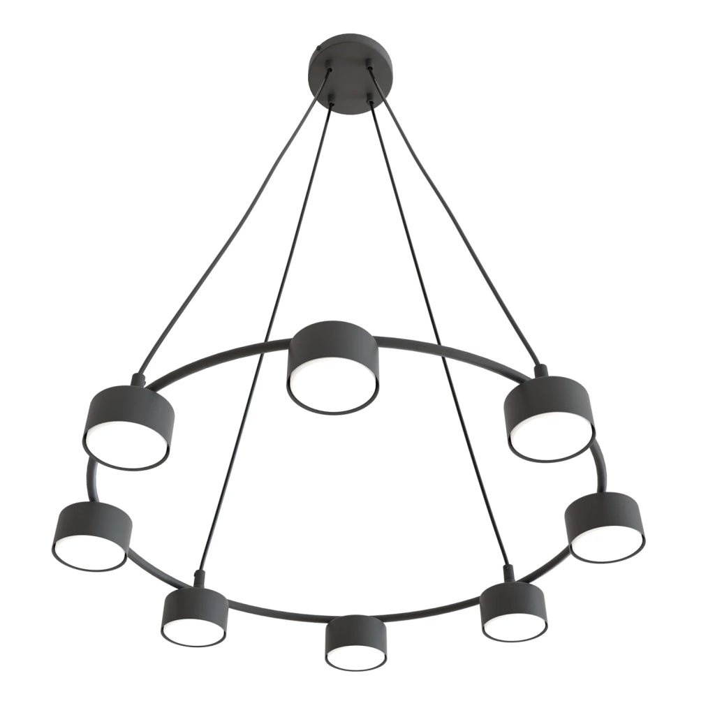 Lampadario Moderno 8 Luci Odin In Acciaio Nero Ad Anello E Cilindri