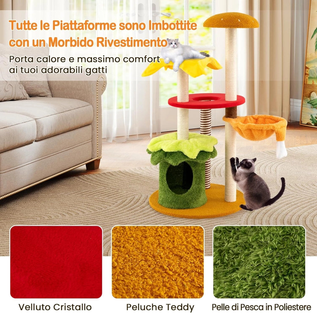 Albero per Gatti 117 cm, Tiragraffi per Gatti a Tema Hamburger con Letto a Cestino Sospeso, Condominio, Trespolo Imbottito, Tiragraffi in Sisal, Cuscini Peluche e Giocattolo Sospeso