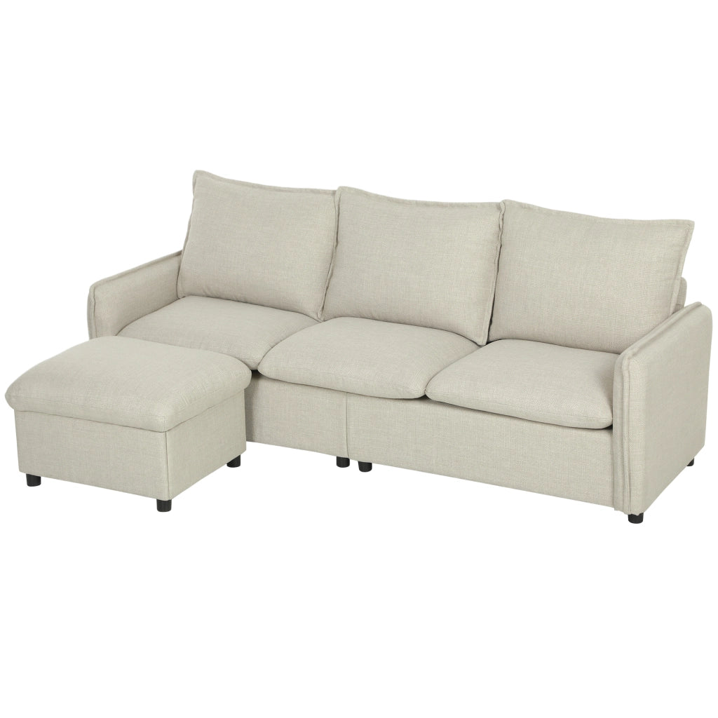 Divano Angolare 3 Posti con Pouf Contenitore ¨C Zephmum ¨C Tessuto Lino, Cr¨¨ma, 212 cm