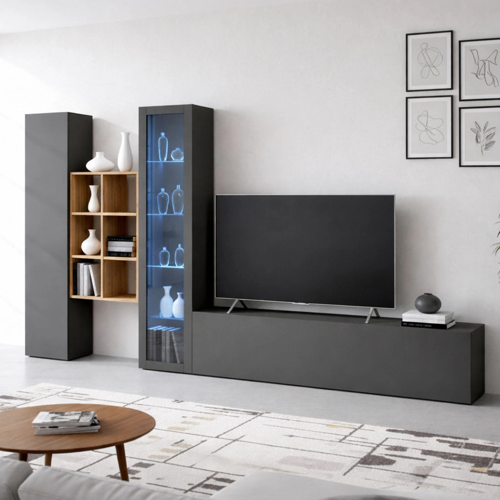 Mobile Soggiorno Ausonia, Parete Attrezzata 15 Ripiani Made in Italy, 320x30x180h cm Nero Antracite