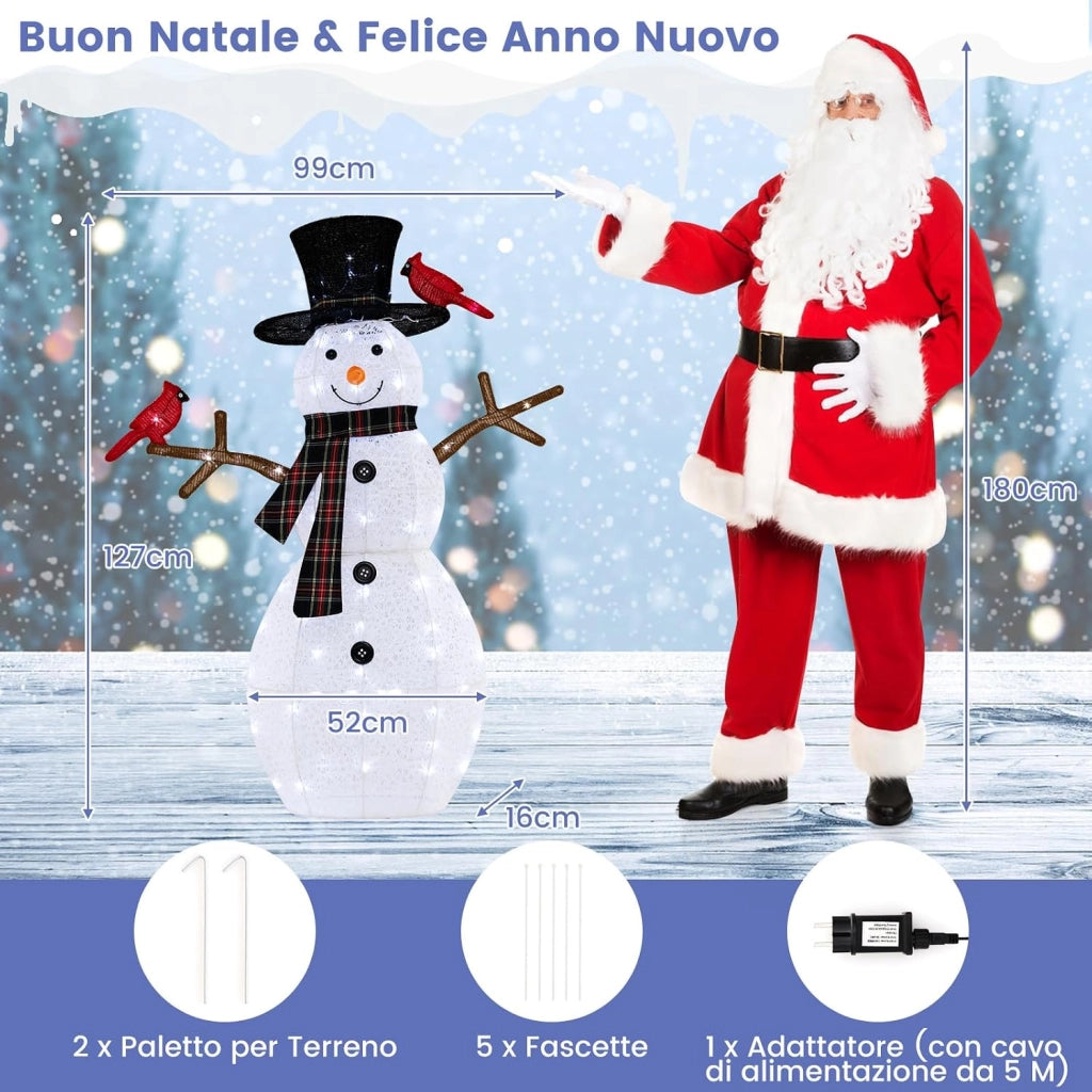 Pupazzo di Neve con luce a LED, Decorazione Natalizia con Luce Incorporata, Pupazzo di Neve e Uccello Rosso, per Giardino Cortile, 127 cm