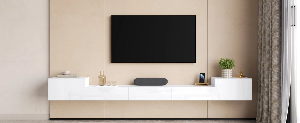 Mobile porta TV sospeso con LED app, 2 ante a battente e 3 ribalta, per soggiorno, bianco, 245 × 30 × 26 cm