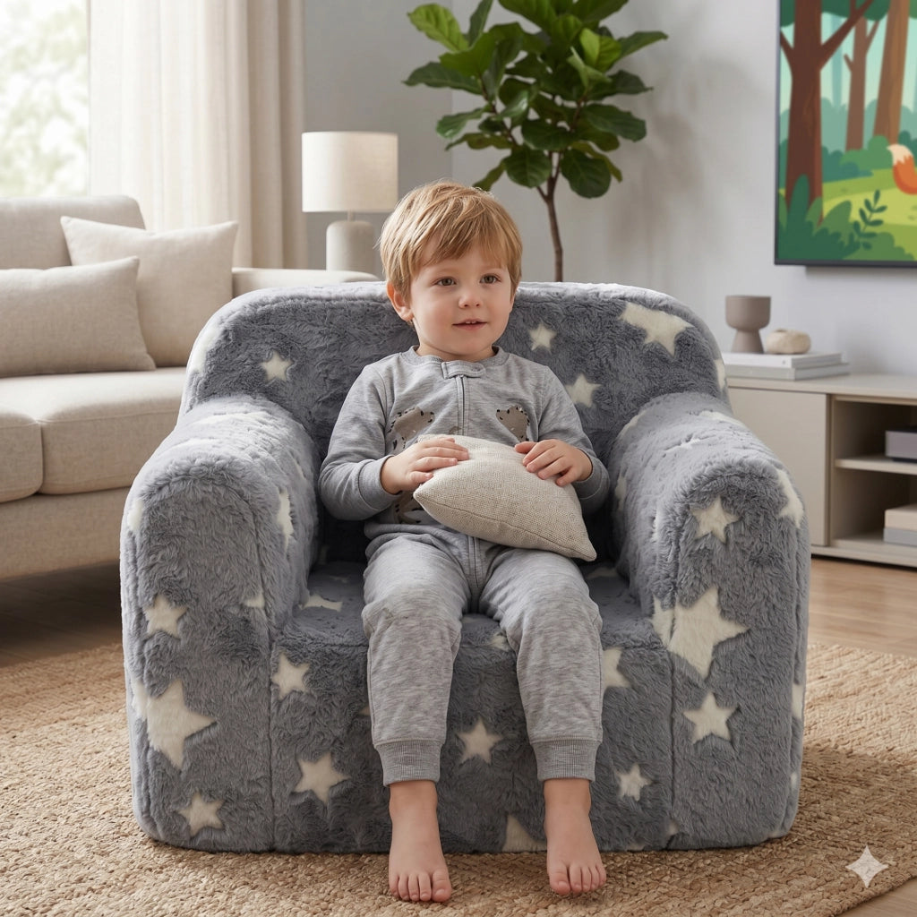 Poltroncina per bambini in schiuma, grigia, con maniglia e tasche laterali