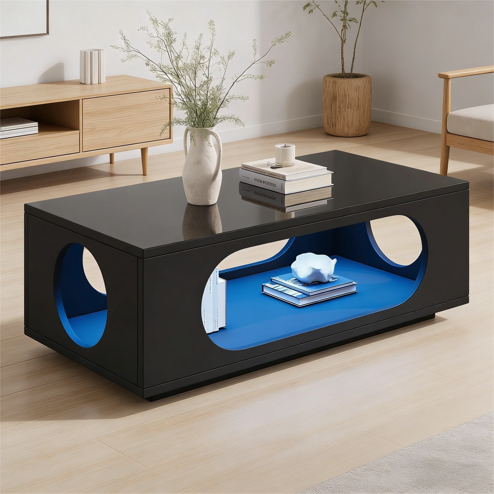 Tavolino da Caff¨¨ con LED ¨C MINIMAL ¨C MDF Nero Lucido, 100x50x35