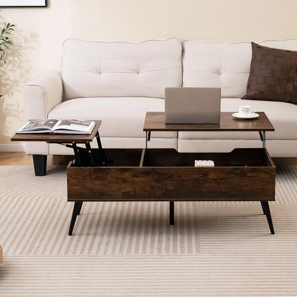 Tavolino da Caffè con Piano Sollevabile, Tavolino Moderno con 2 Scomparti Nascosti e Gambe in Metallo, Tavolo per Soggiorno, Studio e Ufficio, 111 x 48 x 40-53,5 cm (Marrone)