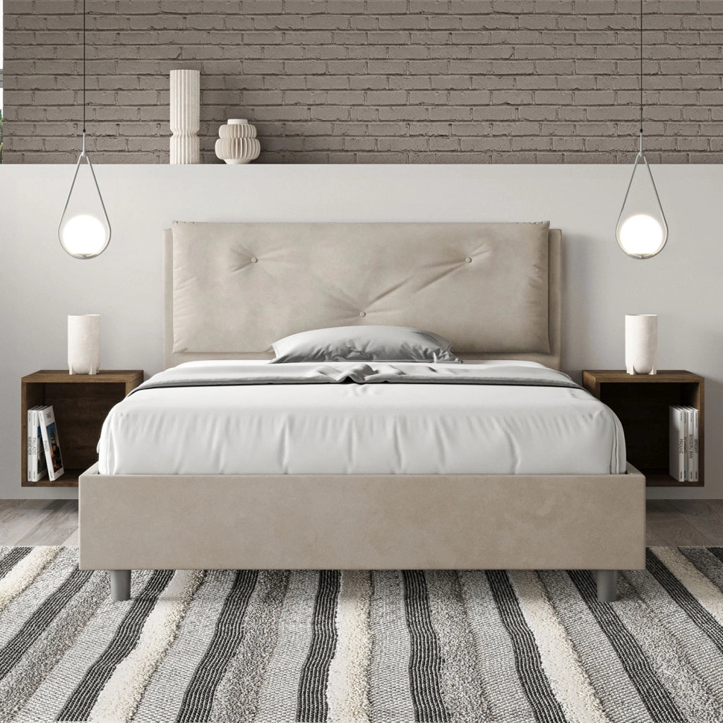 BS COM Letto matrimoniale francese contenitore imbottito 140x200 microfibra sabbia Large