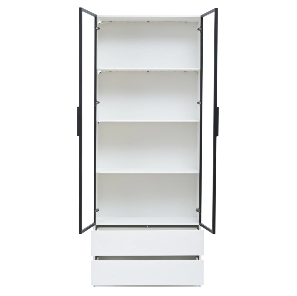 Vetrina alta 200 cm con LED; 2 ante in vetro e 2 cassetti; bianco