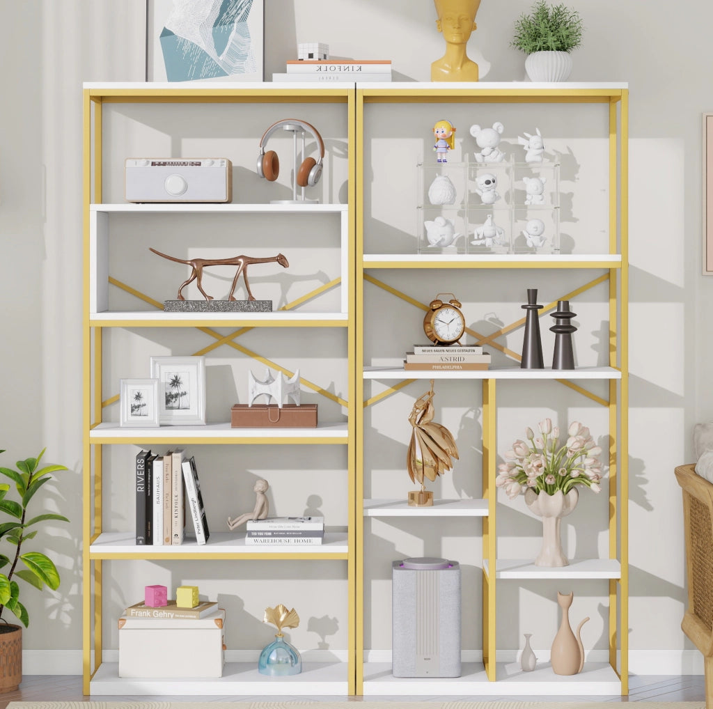 Libreria a ripiani aperti 160x29;5x180 cm in MDF e metallo; bianco e oro