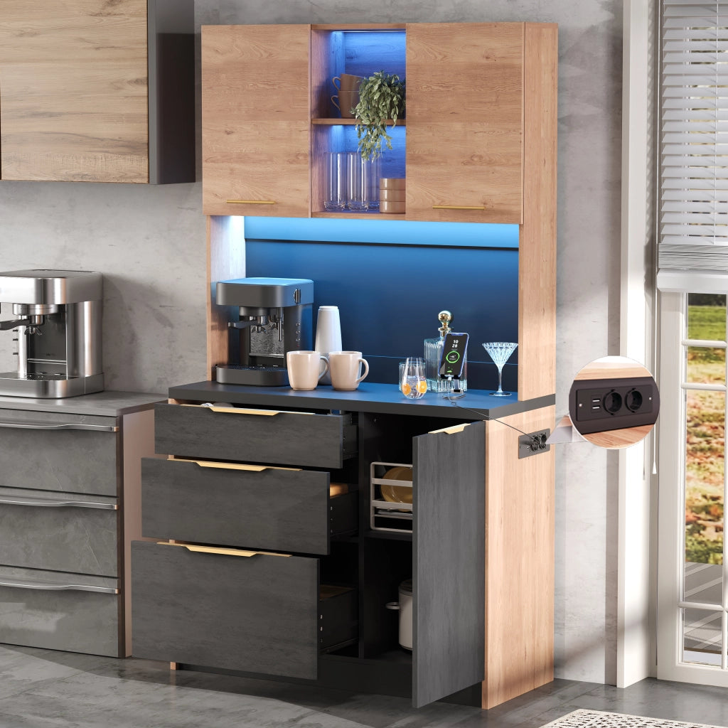 Credenza alta da cucina 100x40x180 cm in MDF, finitura moderna, piano nero, LED regolabile e presa EU