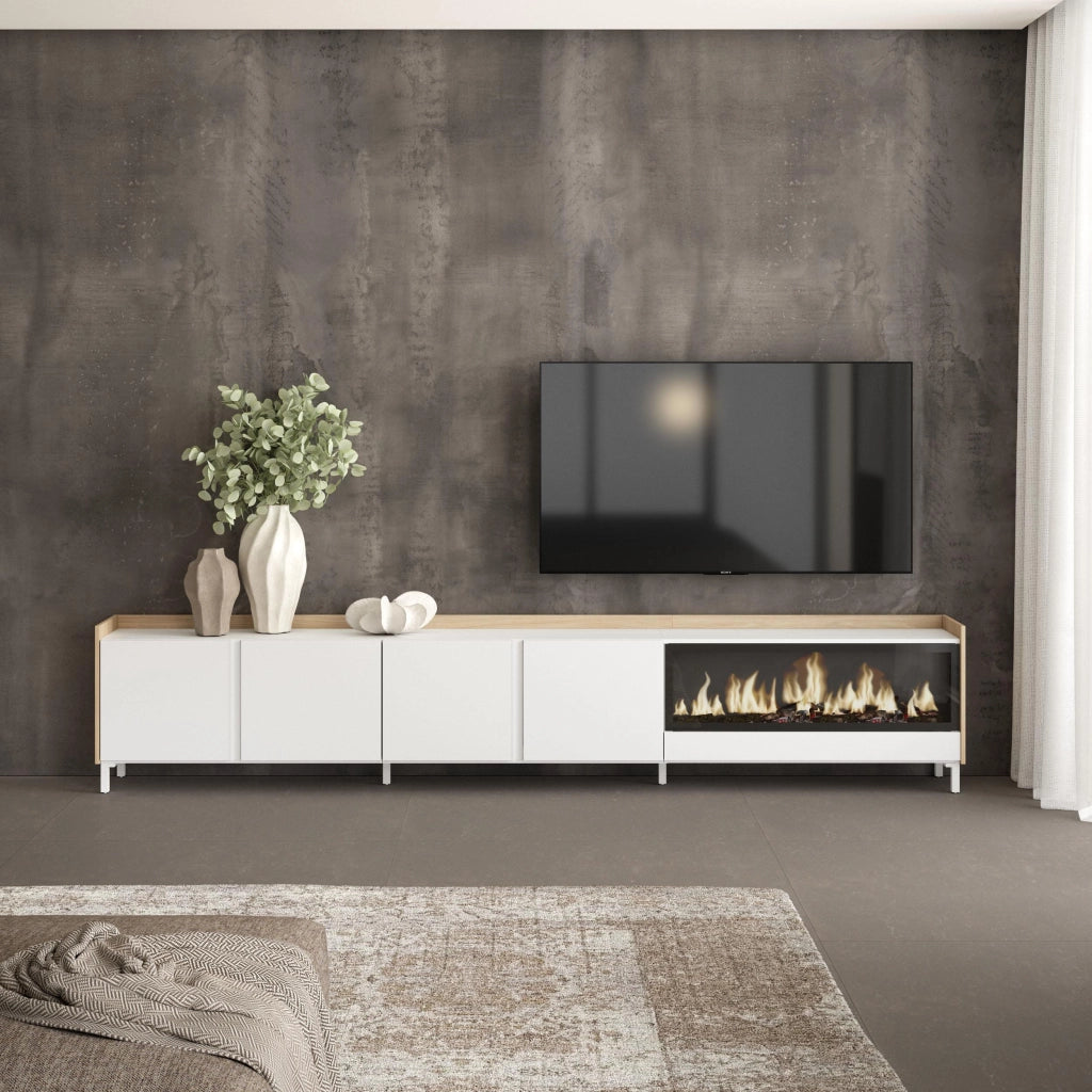 Mobile TV Soggiorno, 315x61x35 cm, Per TV fino a 80", Camino elettrico XXL, Design industriale, Bianco e Rovere soft