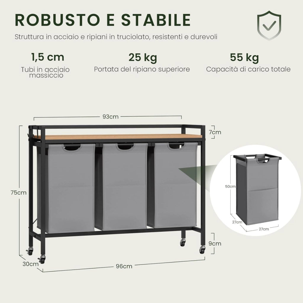 Cesto Portabiancheria, 3 Sacchi in Tessuto Oxford Rimovibili, Porta Biancheria, Struttura in Metallo, per Bagno e Lavanderia, 96x30x71cm, Capacità 40L per Cesto