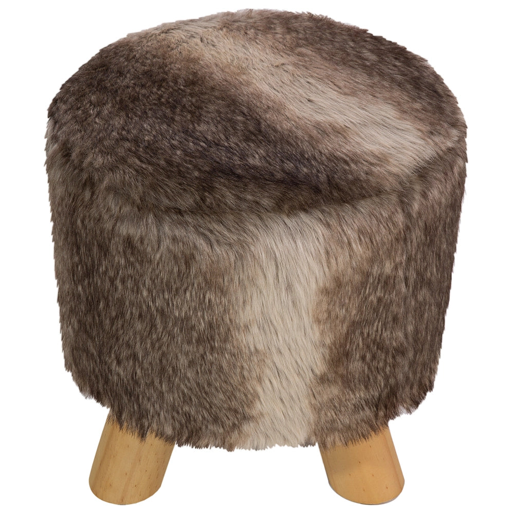 Poggiapiedi Sgabello rotondo in pelliccia sintetica marrone e beige su gambe a treppiede