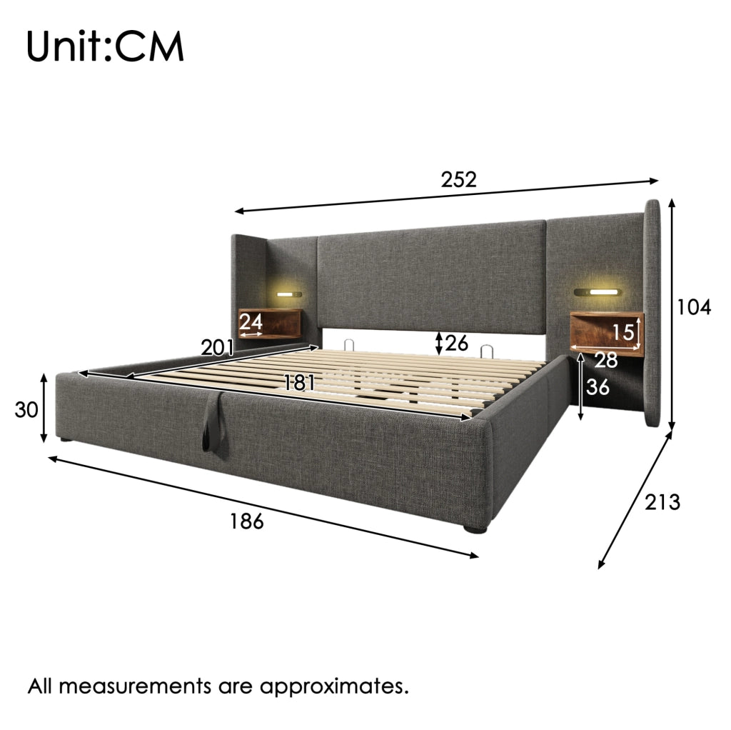 Letto matrimoniale 180x200 cm con contenitore; testiera con luce lettura USB e Type-C; grigio