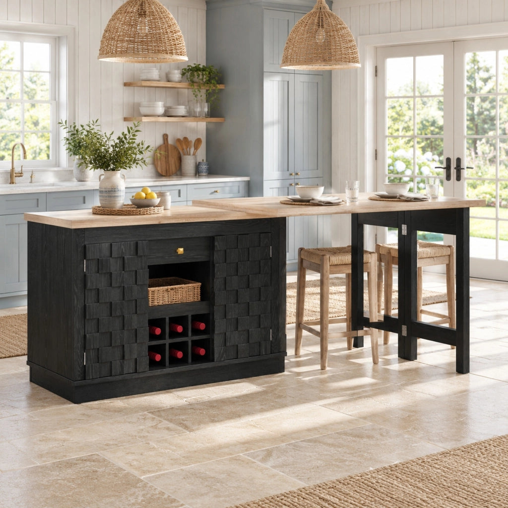 Isola cucina girevole con tavolo estensibile e portabottiglie