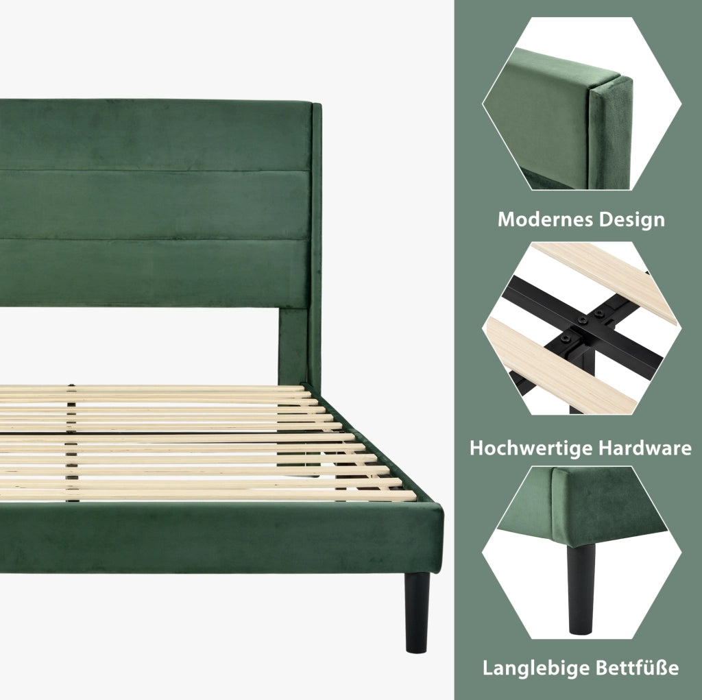 Letto imbottito 140x200 cm con rete a doghe e testiera; velluto verde scuro