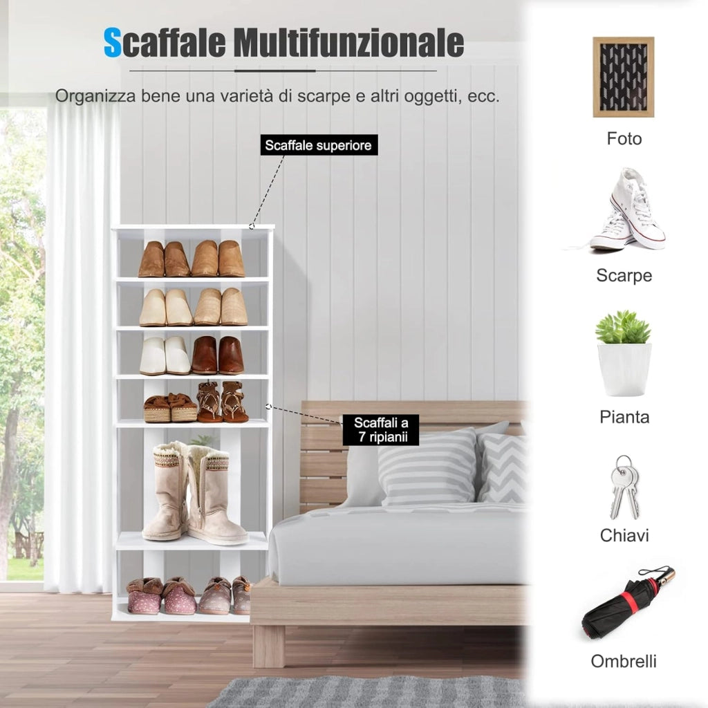 Scarpiera Verticale a 7 Livelli, Organizer per Scarpe in Stile Retrò, con Pannello Rimovibile, Scaffale per Scarpe per Corridoio Ingresso Armadio, 45x25x110 cm (Bianco)