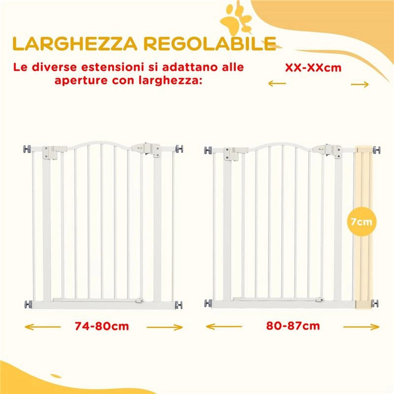 CANCELLETTO PER CANI ESTENSIBILE CON 2 BLOCCHI E CHIUSURA AUTOMATICA IN METALLO E PLASTICA 74-87X78 CM BIANCO