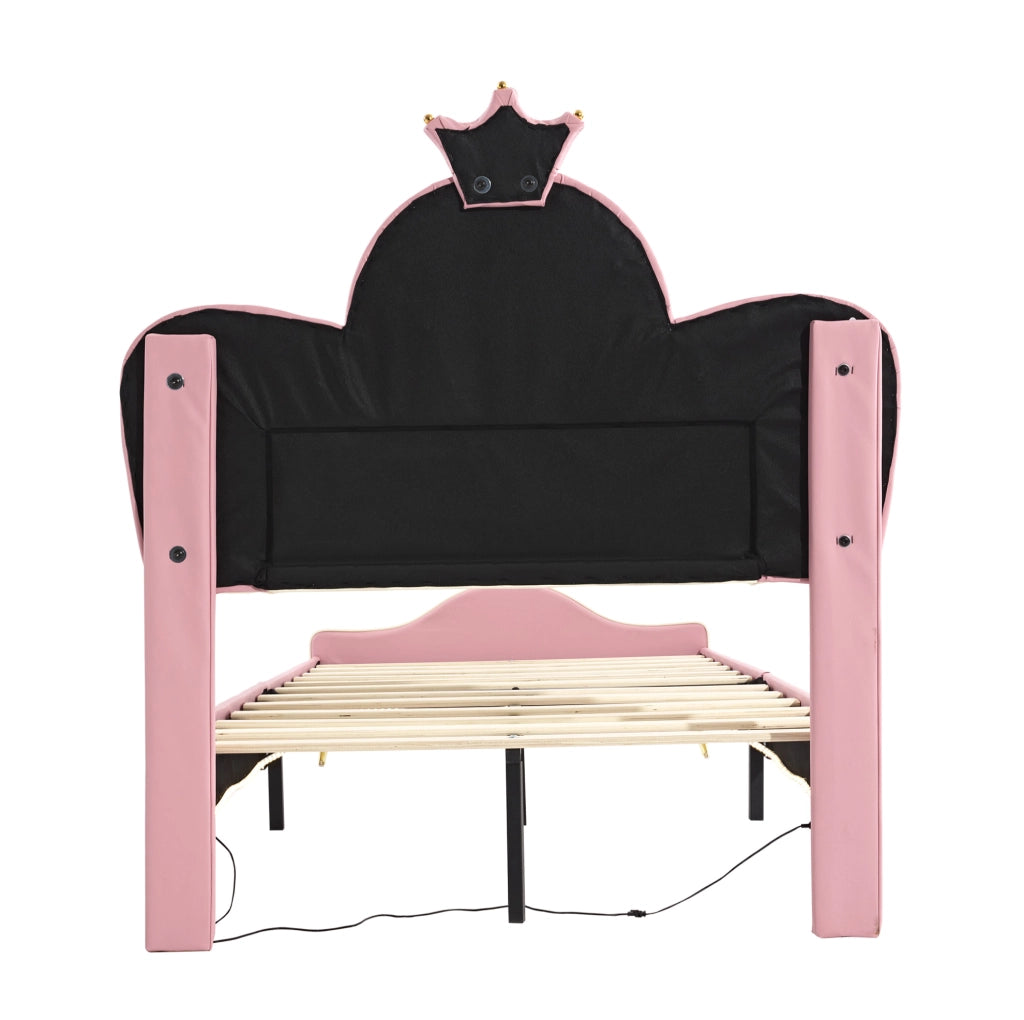 Letto singolo imbottito per bambini 90x200 cm Rosa e Bianco con LED