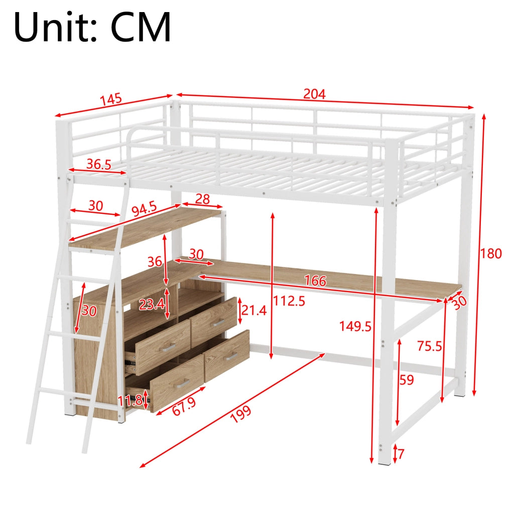 OKWISH Letto a soppalco 140×200 cm, Letto Matrimoniale con Scrivania a L, 4 Cassetti, Mensole e Contenitore, senza Materasso, MDF e Metallo, Bianco