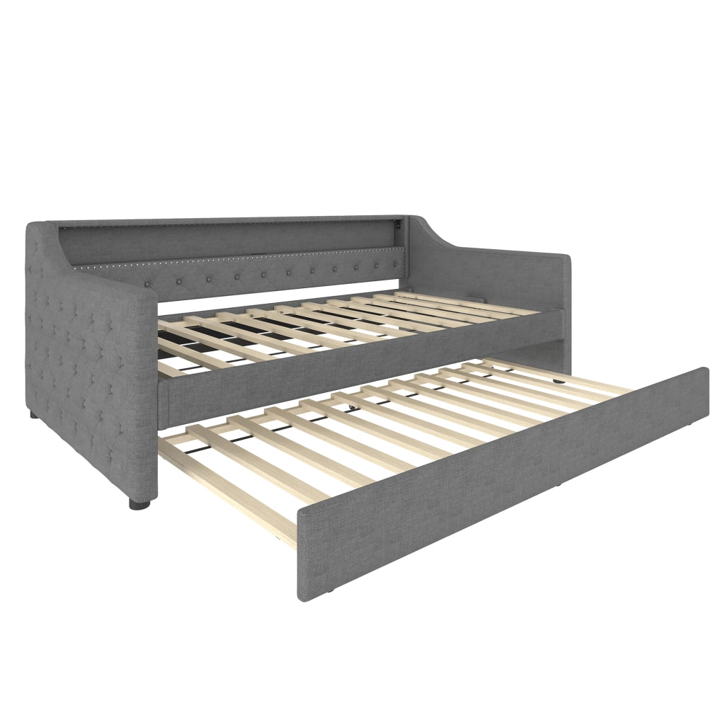 Letto daybed 90x200 cm con rete a doghe, letto estraibile, LED e USB, grigio