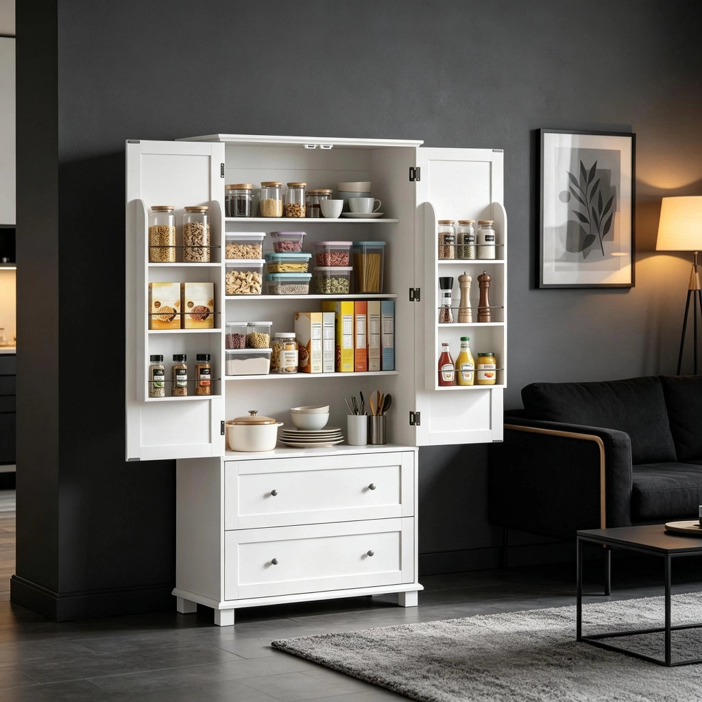 Credenza alta da cucina con 2 ante, 2 cassetti, 6 vani e ripiani regolabili, per cucina e sala da pranzo, bianco