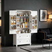 Credenza alta da cucina con 2 ante, 2 cassetti, 6 vani e ripiani regolabili, per cucina e sala da pranzo, bianco