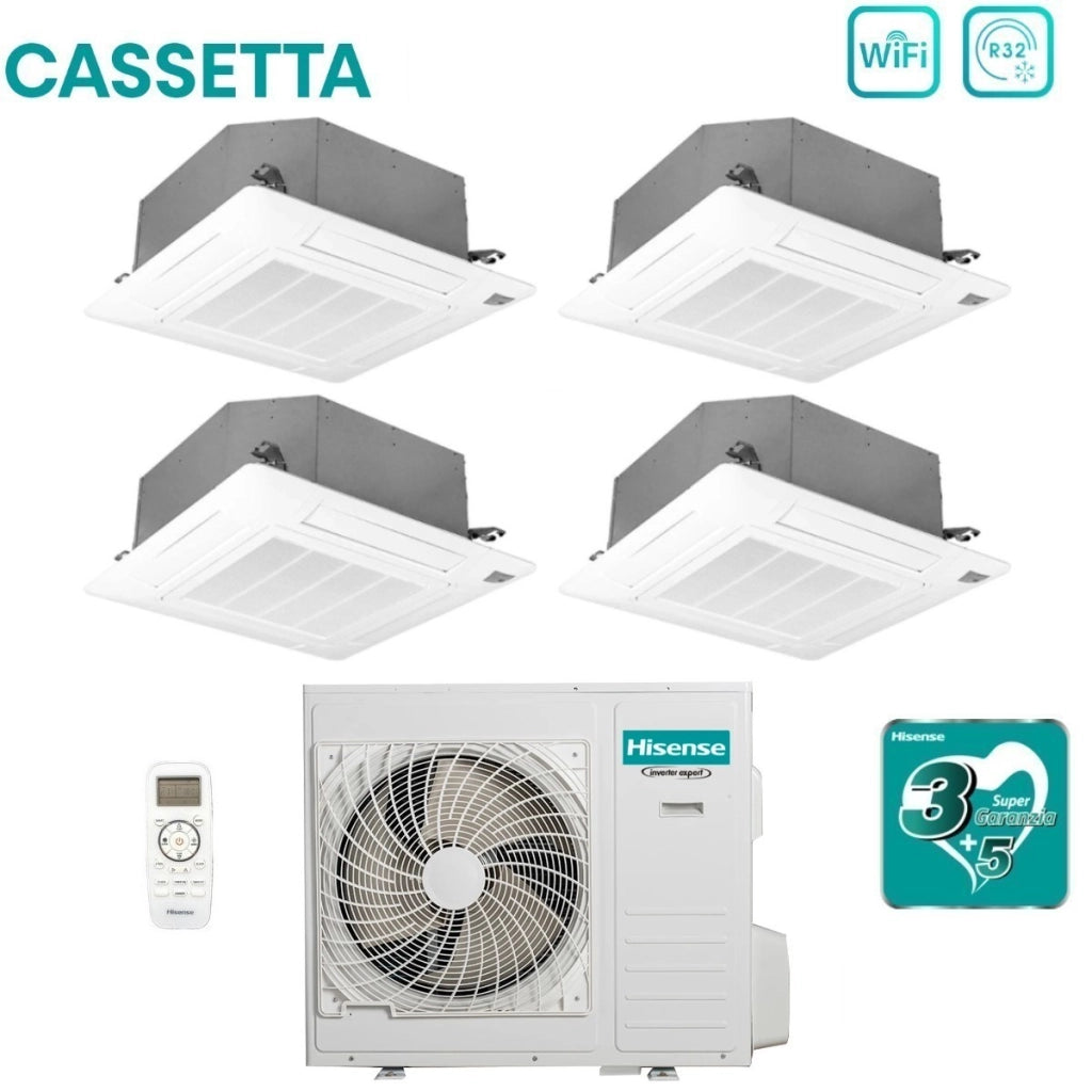 Climatizzatore Condizionatore Hisense Quadri Split a Cassetta 9+9+9+12 con 4AMW105U4RAA R-32 Wi-Fi Optional 9000+9000+9000+12000 con Telecomando e Pannello Incluso