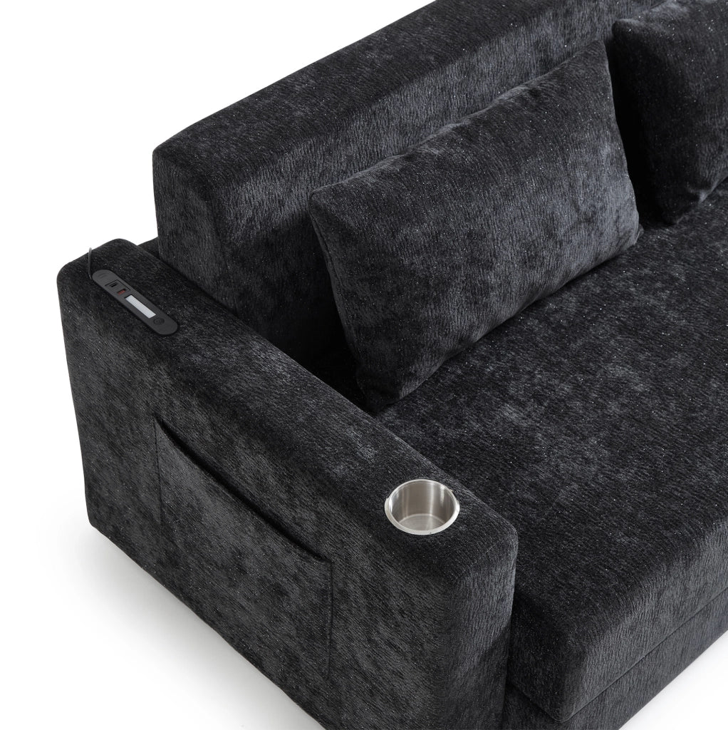 Divano letto 2 in 1 pieghevole con USB; porta bicchieri e tasche laterali; nero e grigio
