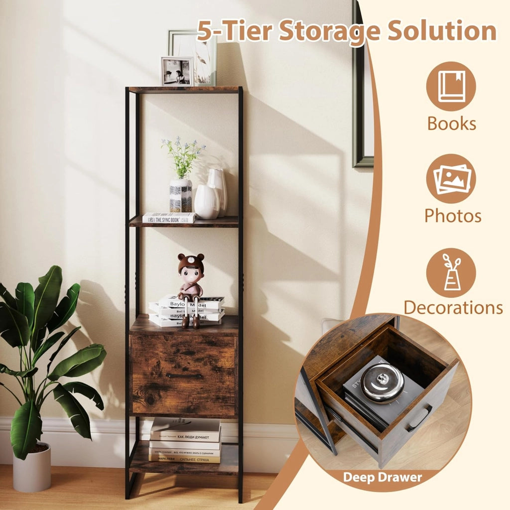 Scaffale a 5 livelli, libreria con 4 ripiani aperti e 1 cassetto, con kit antiribaltamento, 45 x 35 x 160 cm, scaffale portaoggetti per soggiorno, camera da letto, ufficio (marrone)