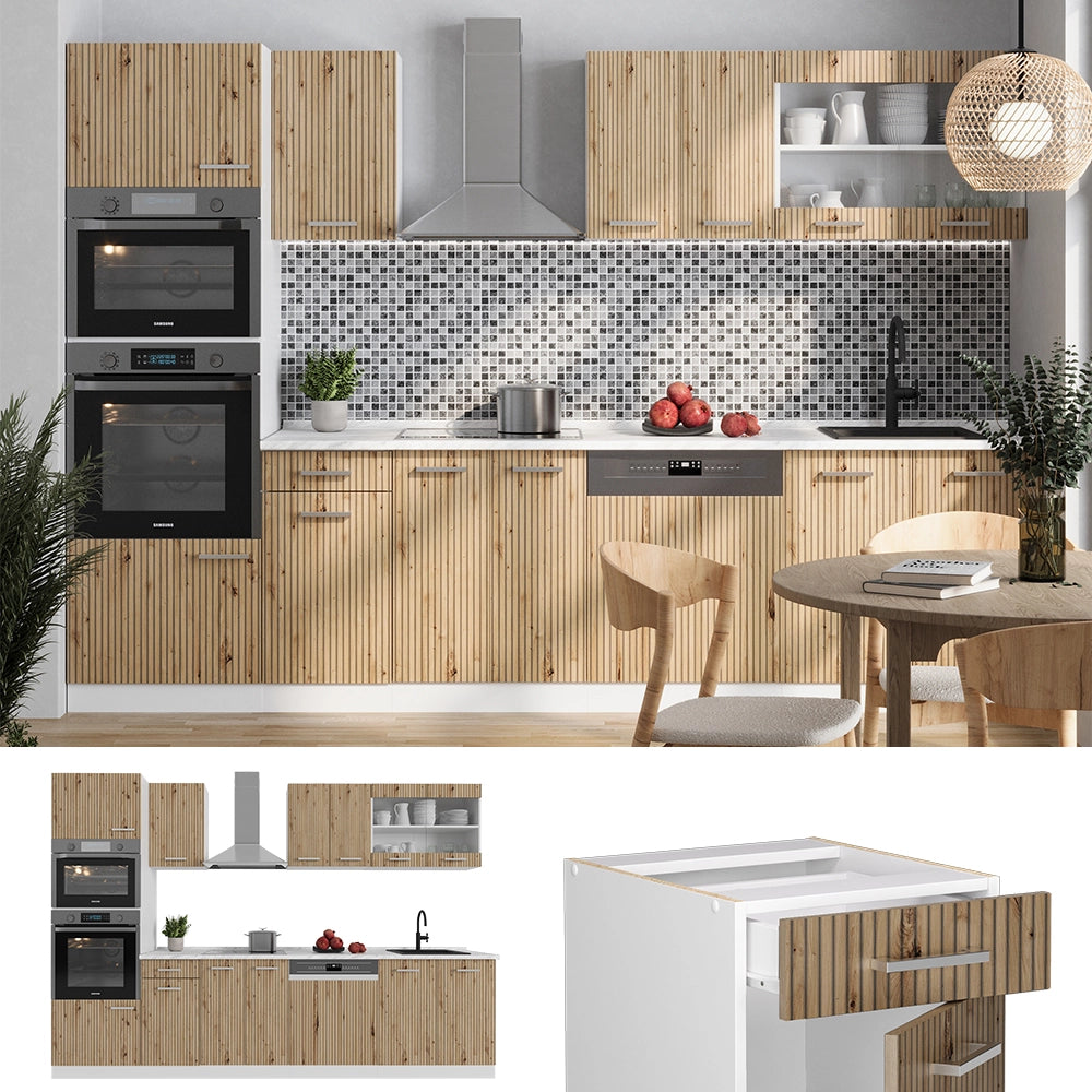 Vicco Cucina componibile Rovere artigianale/bianco 300 cm con armadio alto, PL Marmo