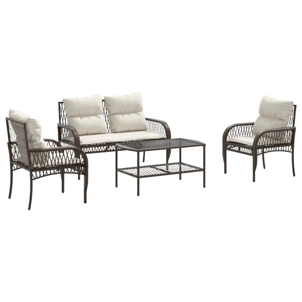 Set Divano da Giardino 4 pz | Set Salotto da Giardino con Cuscini Marrone in Polyrattan