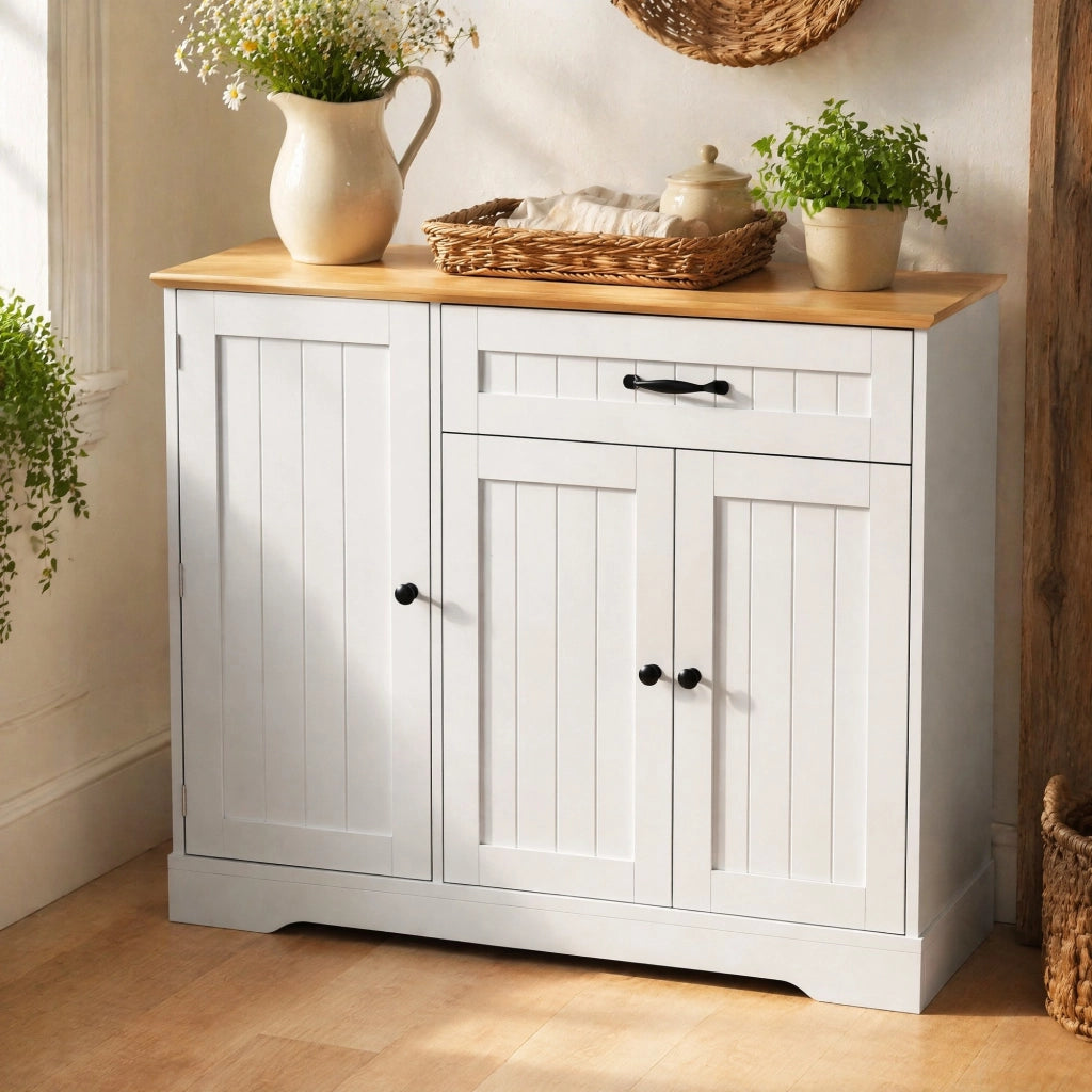 Credenza con 3 ante e cassetto; ripiani regolabili e vano portabottiglie in MDF bianco e naturale per soggiorno