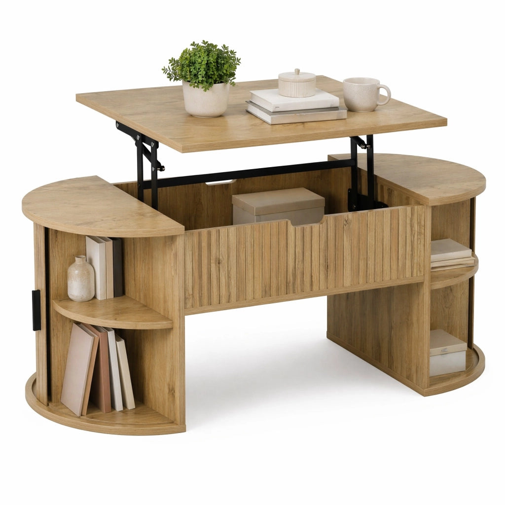 TAVOLO BASSO Regolabile in altezza 100x50x40,5 cm MDF Rovere con ripiani e ante scorrevoli