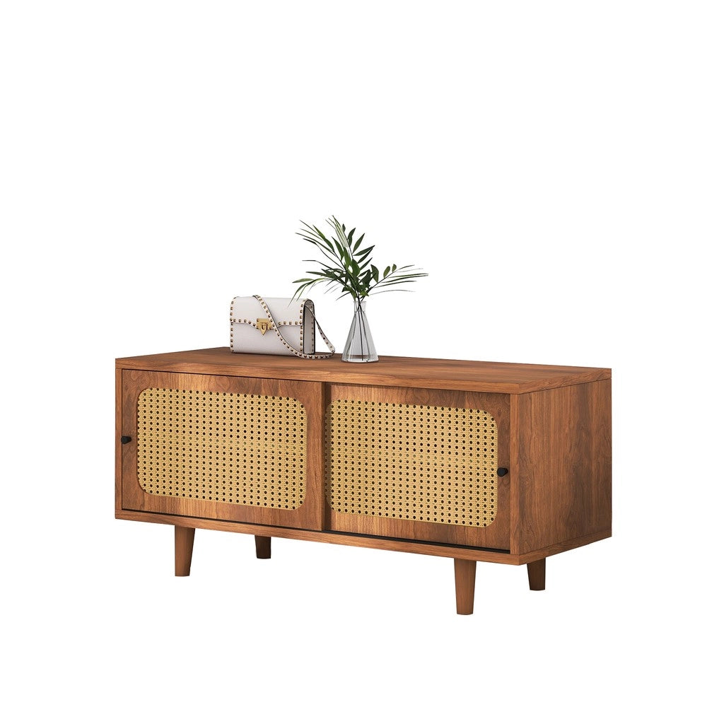 Scarpiera con 2 Ante in Rattan ¨C MINIMAL ¨C Legno Noce, Ripiani Regolabili, 104x40x48 cm