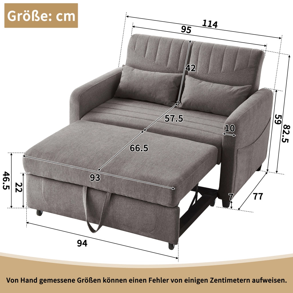 OKWISH Divano Letto 2 Posti, Schienale Regolabile in 3 Posizioni, Design Estraibile con 2 Cuscini, Tessuto Cotone Lino, Grigio