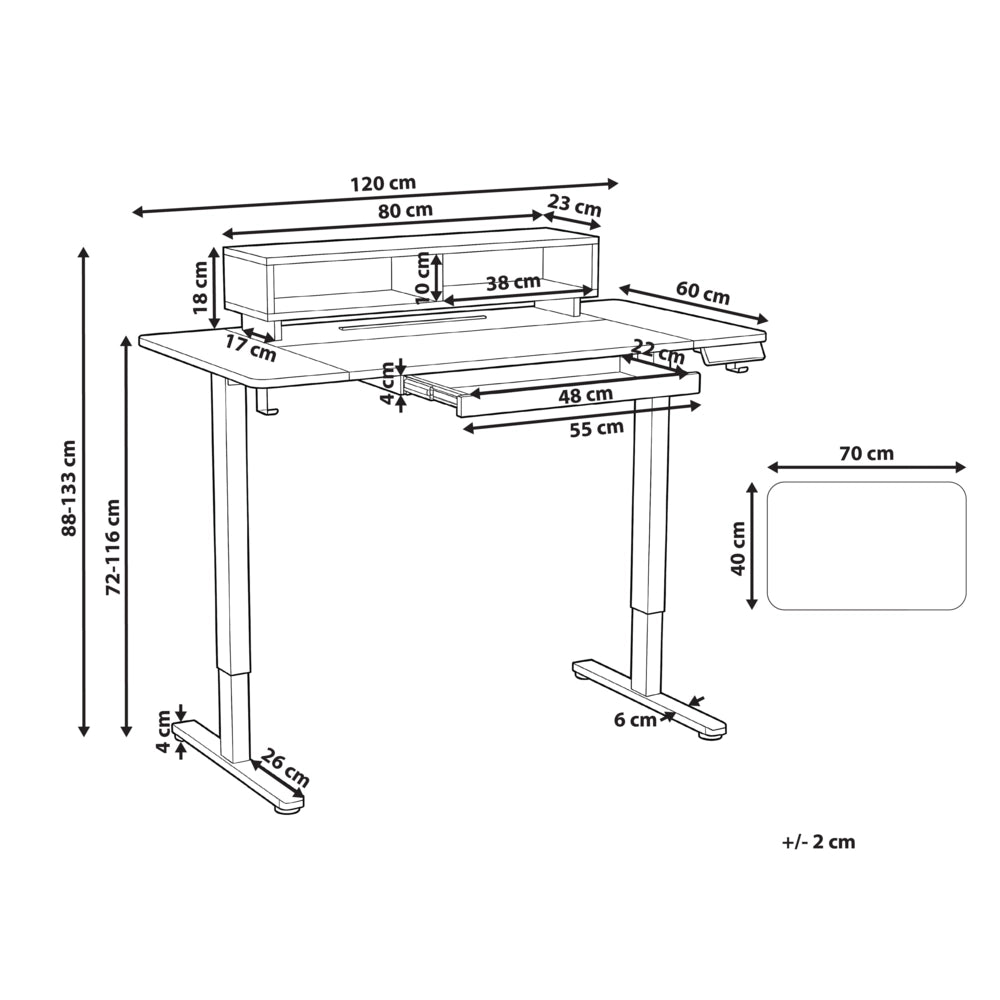 Scrivania regolabile elettricamente Piano marrone Struttura e gambe in acciaio nero 120 x 60 cm Supporto e tappetino per mouse Design moderno