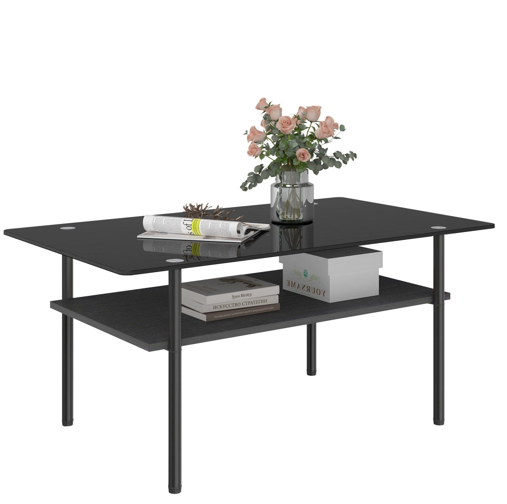 Tavolino da salotto moderno con piano in vetro nero e ripiano in MDF