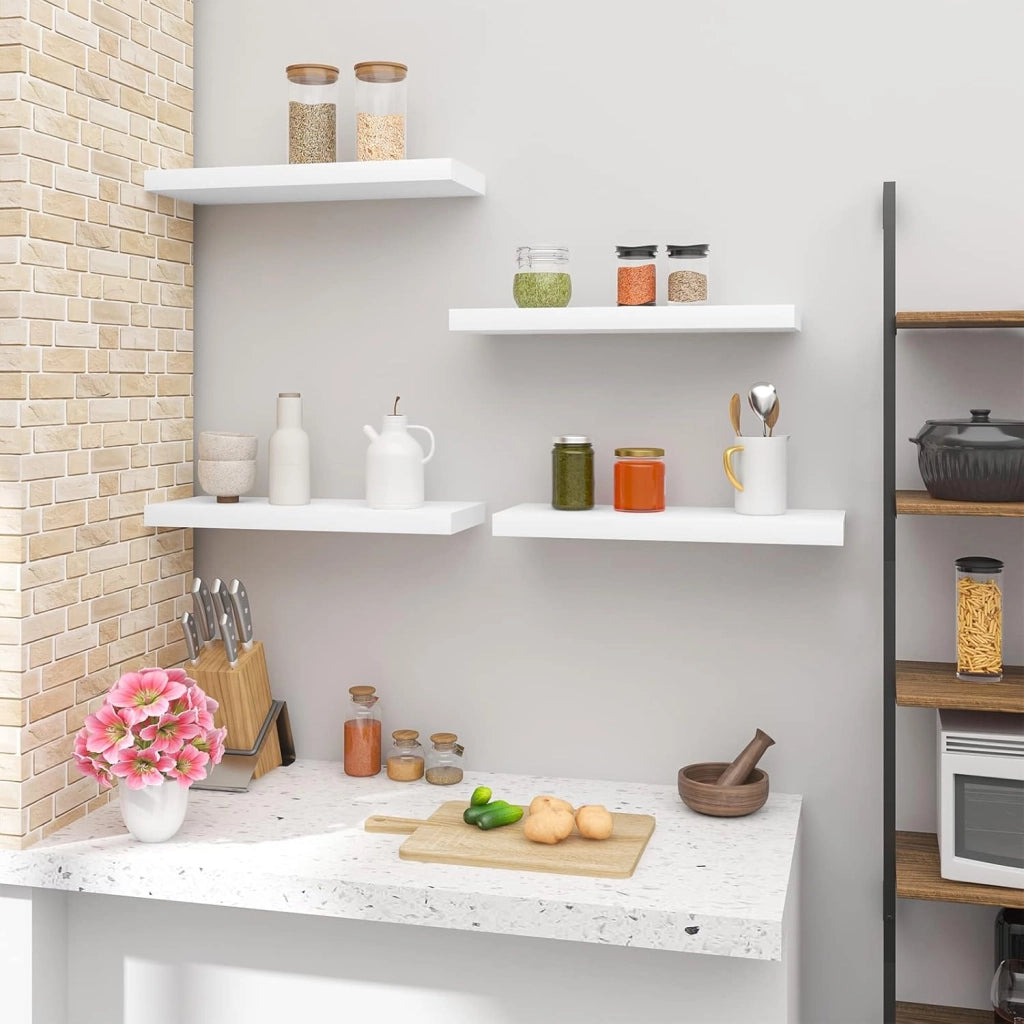 Mensola da Parete, Mensola da Muro, Mensola in Legno MDF, Bianca, set di 4, per Cucina, Bagno, Soggiorno, RG9316ws-4