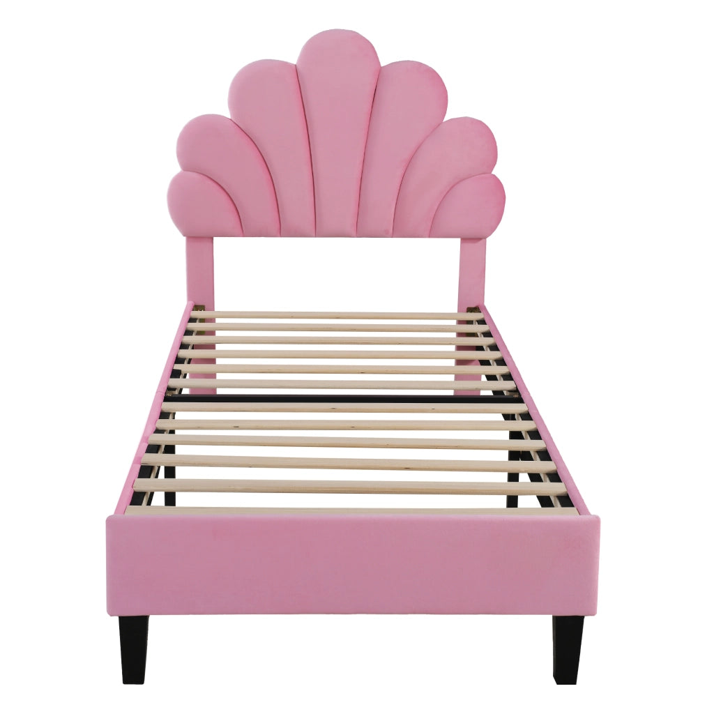 Letto Singolo 90×200 cm; 1 Posto con Testiera a Fiore; senza Materasso; Imbottito; Rosa