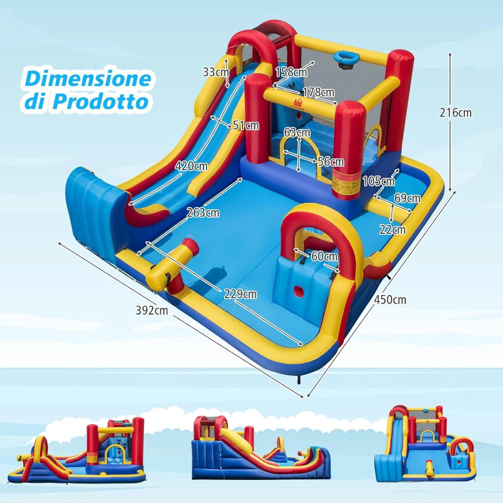 Castello Gonfiabile per Bambini, Parco Acquatico Gigante con Doppi Scivoli d'Acqua, 2 Piscine, Area Salto, Canestro e Parete da Arrampicata, 450 x 392 x 216 cm