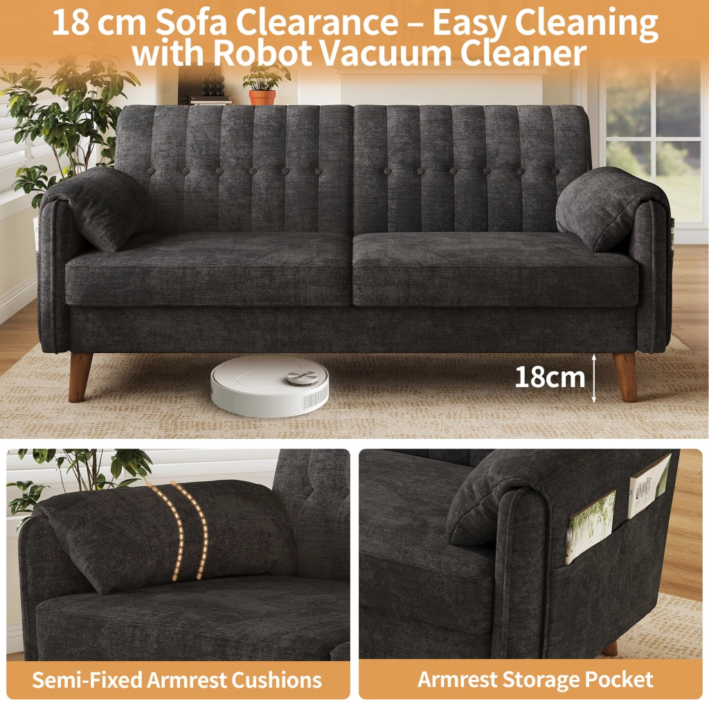 Divano a 2 posti compatto in chenille con schienale ergonomico, cuscini bracciolo e tasche laterali grigio scuro
