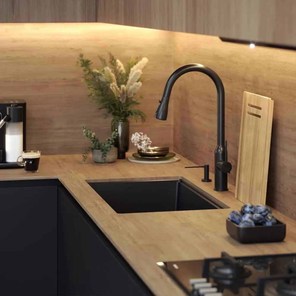 Lavello In Granito Logan 110 Black Tappo rame spazzolato