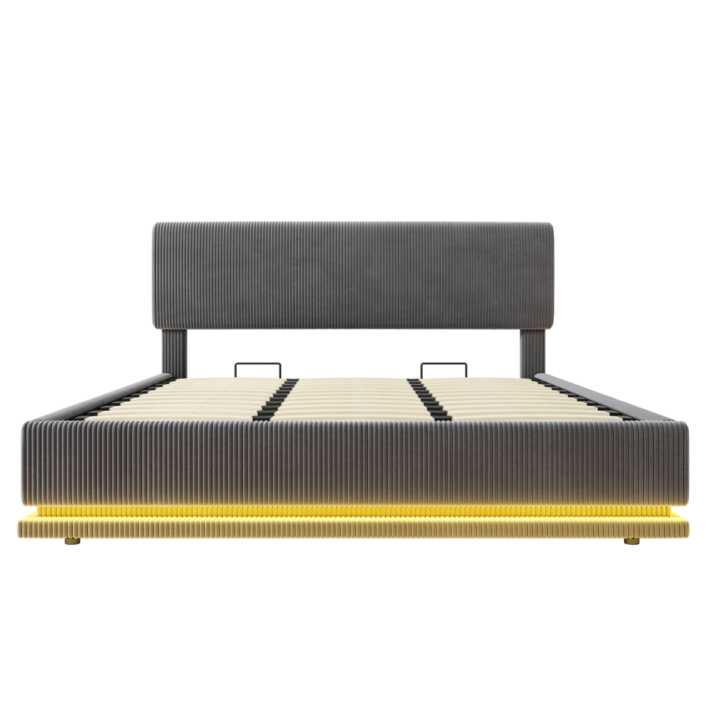 Letto imbottito 180x200 cm in velluto a coste grigio scuro con LED; USB-C e testiera regolabile