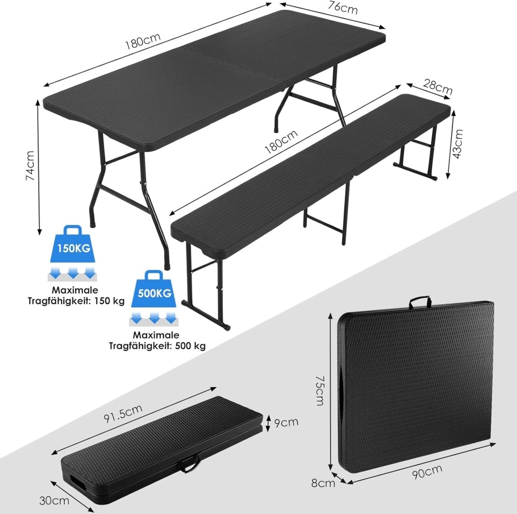 Set Tenda da Birra da 3 Pezzi 180cm in Plastica HDPE, Set di Mobili da Giardino 1 Tavolo e 2 pcs Panche Pieghevoli, Set Birreria con Manico di Trasporto, per Campeggio Picnic Esterno, Ottica in Rattan