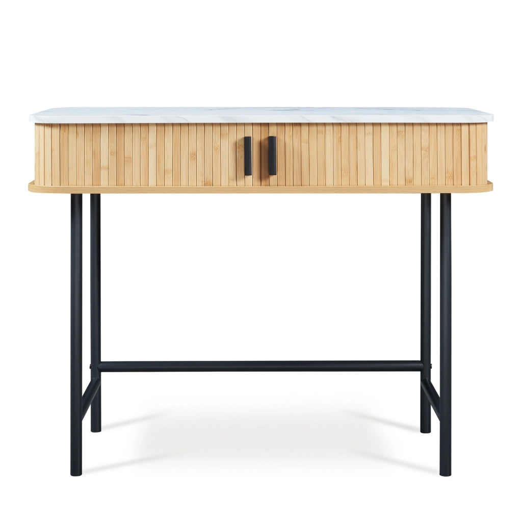 Tavolo Consolle Tvedestrand con Scomparti Chiusi in Bambù - Effetto Marmo Bianco / Colore Legno [en.casa]