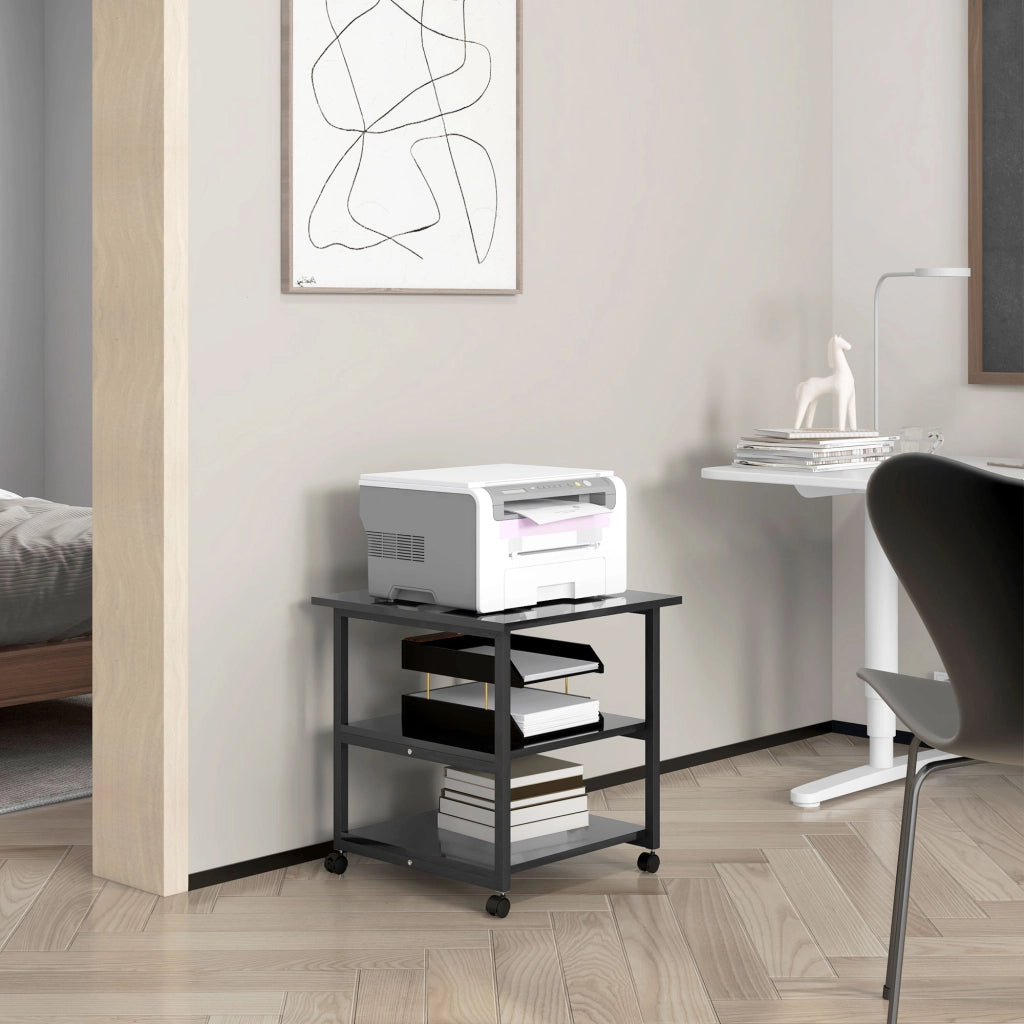 Carrello Porta Stampante a 3 Ripiani 50x50x52,5 cm con 4 Ruote in Legno e Acciaio Nero
